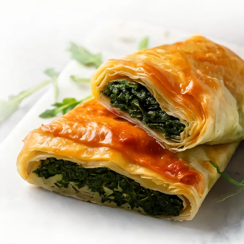 Two golden-brown spinach and feta phyllo pastries, one cut open to reveal the filling.