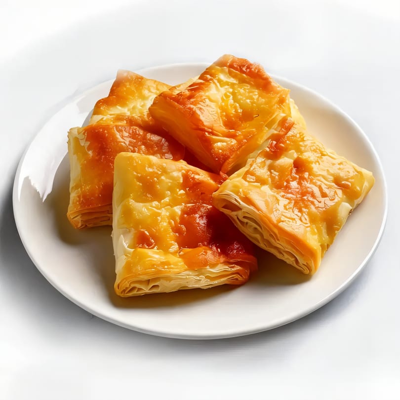 Golden brown, flaky Mediterranean pastries, possibly baklava or spanakopita, arranged on a white plate.
